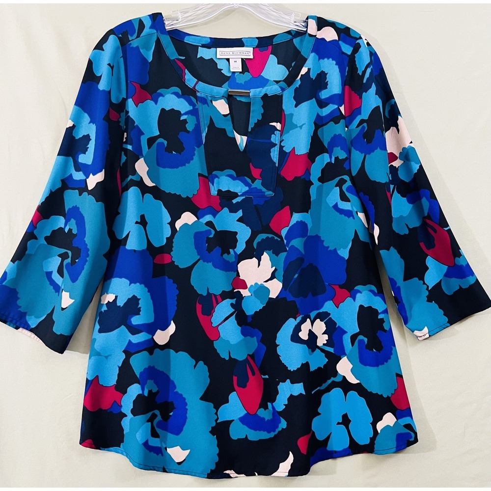 Dana Buchman Womens Blouse M Pink Blue Black Floral Design V-Neck 3/4 Sleeve